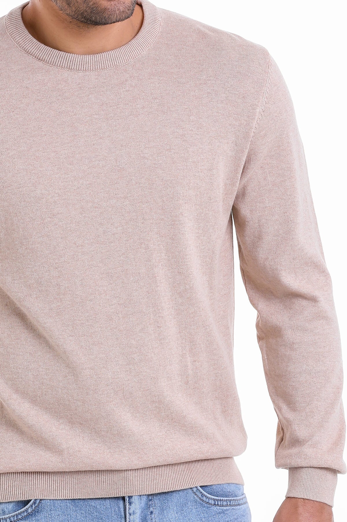 Regular Fit Plain Cotton Beige Crewneck Sweater Beige M.