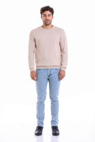 Regular Fit Plain Cotton Beige Crewneck Sweater Beige M.