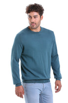 Regular Fit Plain Cotton Beige Crewneck Sweater Enamel Blue