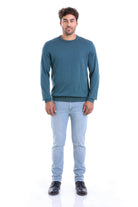 Regular Fit Plain Cotton Beige Crewneck Sweater Enamel Blue