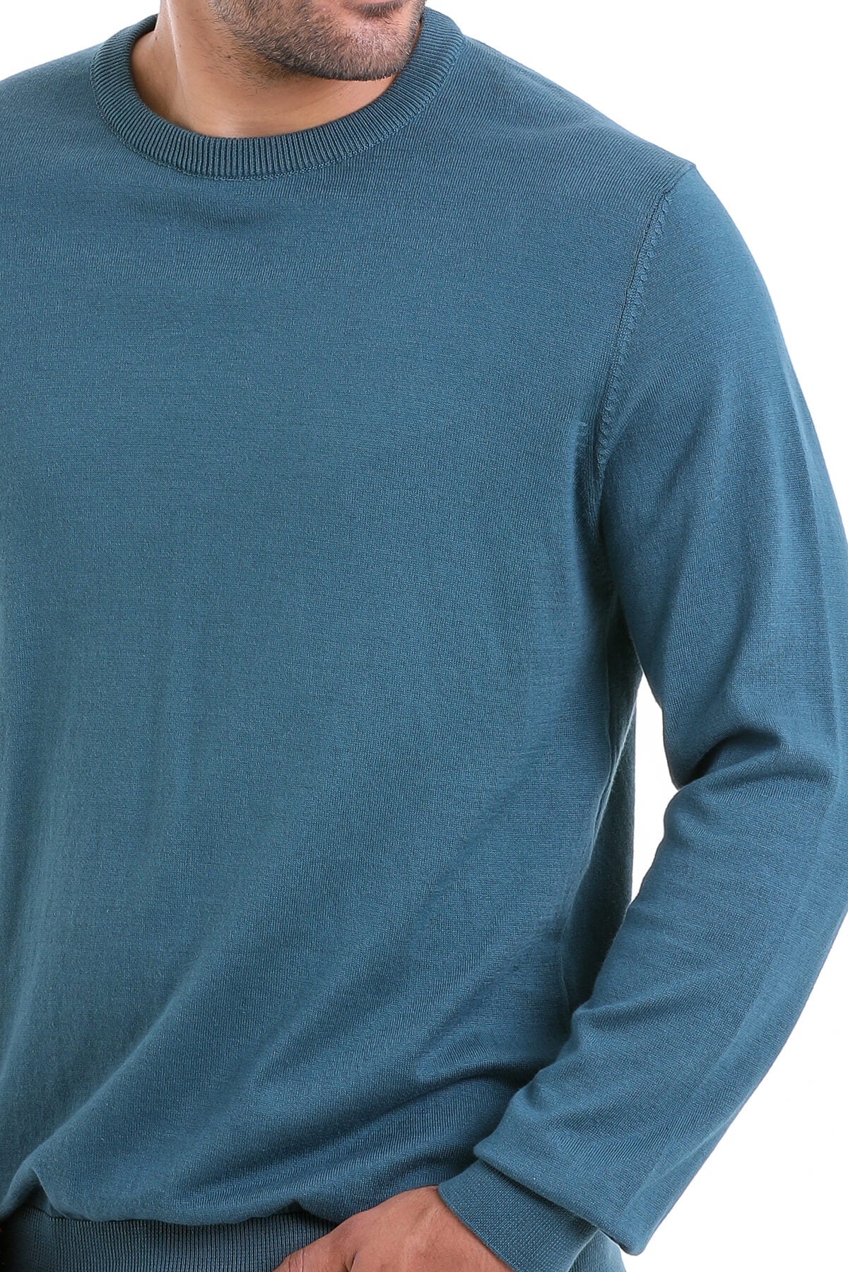 Regular Fit Plain Cotton Beige Crewneck Sweater Enamel Blue