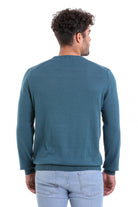 Regular Fit Plain Cotton Beige Crewneck Sweater Enamel Blue