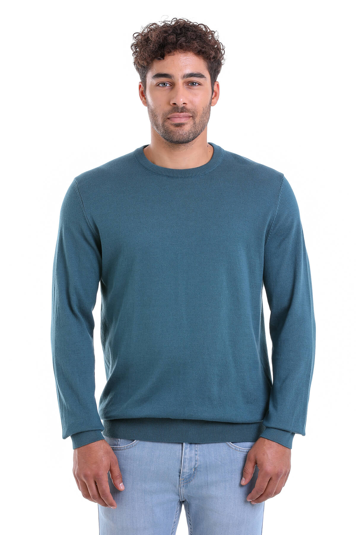 Regular Fit Plain Cotton Beige Crewneck Sweater Enamel Blue