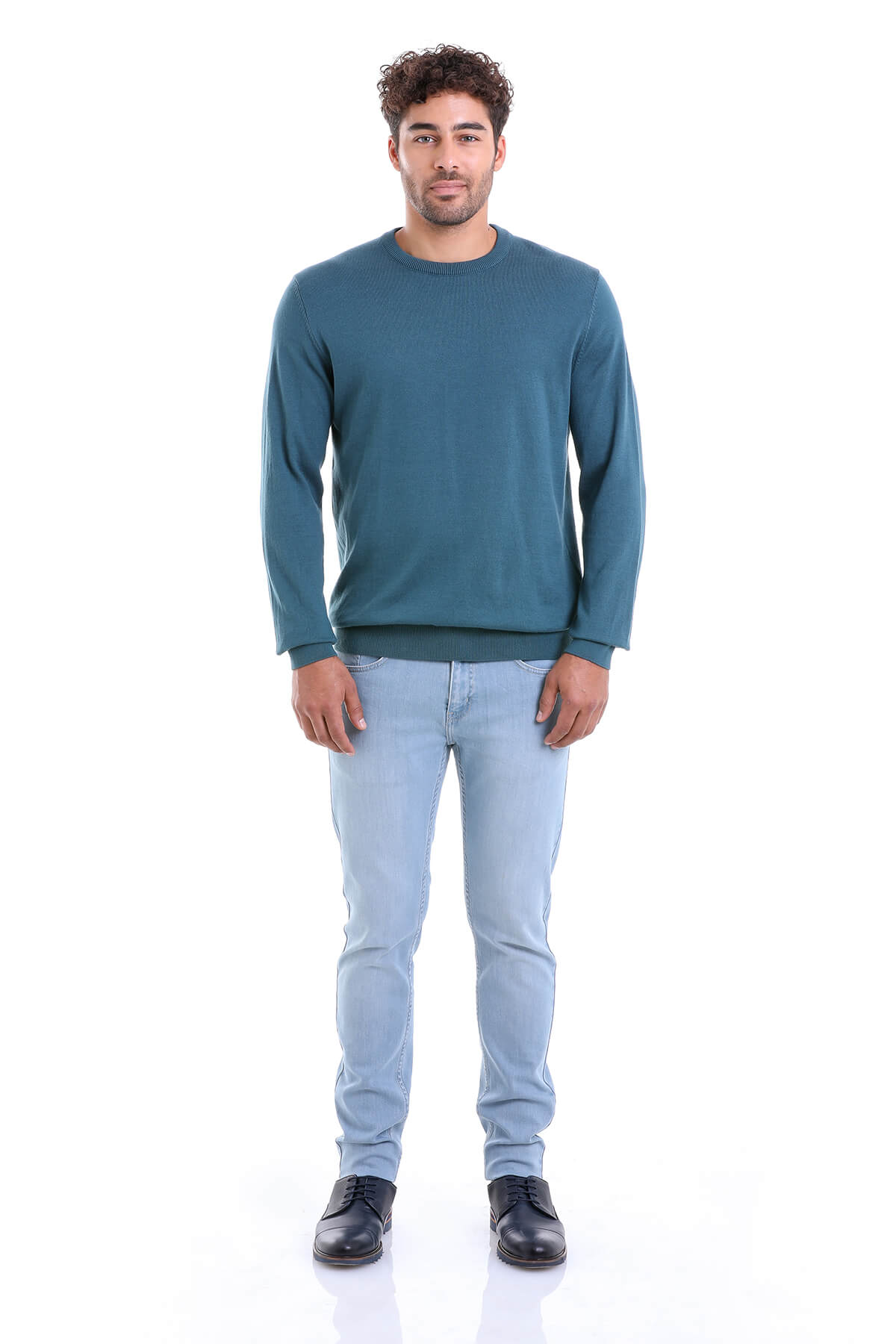 Regular Fit Plain Cotton Beige Crewneck Sweater Enamel Blue