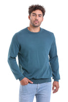 Regular Fit Plain Cotton Beige Crewneck Sweater Enamel Blue