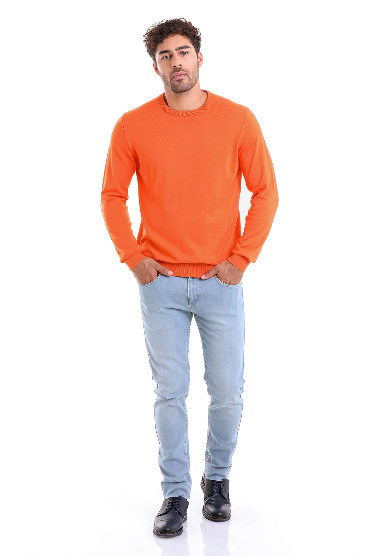 Regular Fit Plain Cotton Beige Crewneck Sweater Salmon - MIB