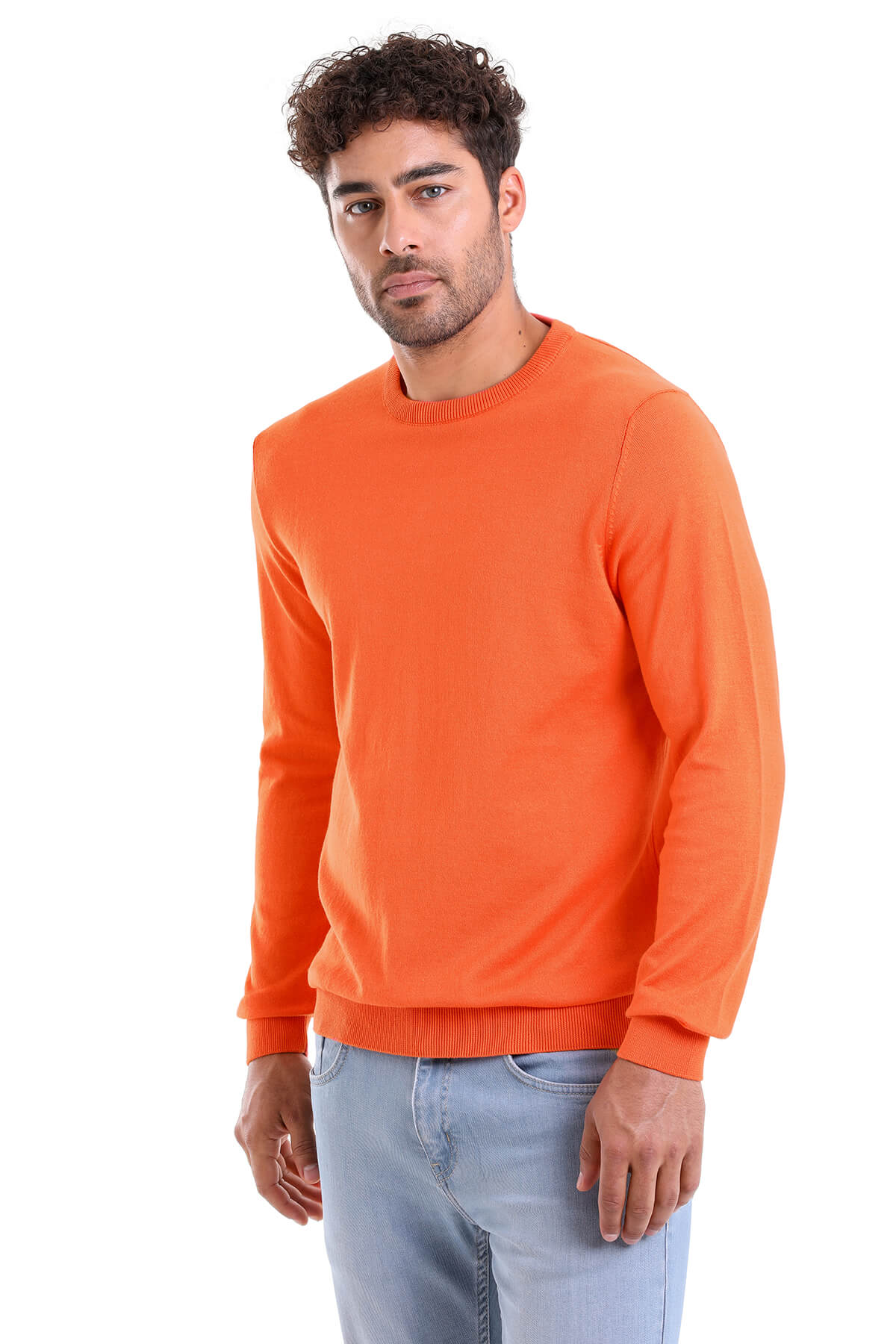 Regular Fit Plain Cotton Beige Crewneck Sweater Salmon - MIB