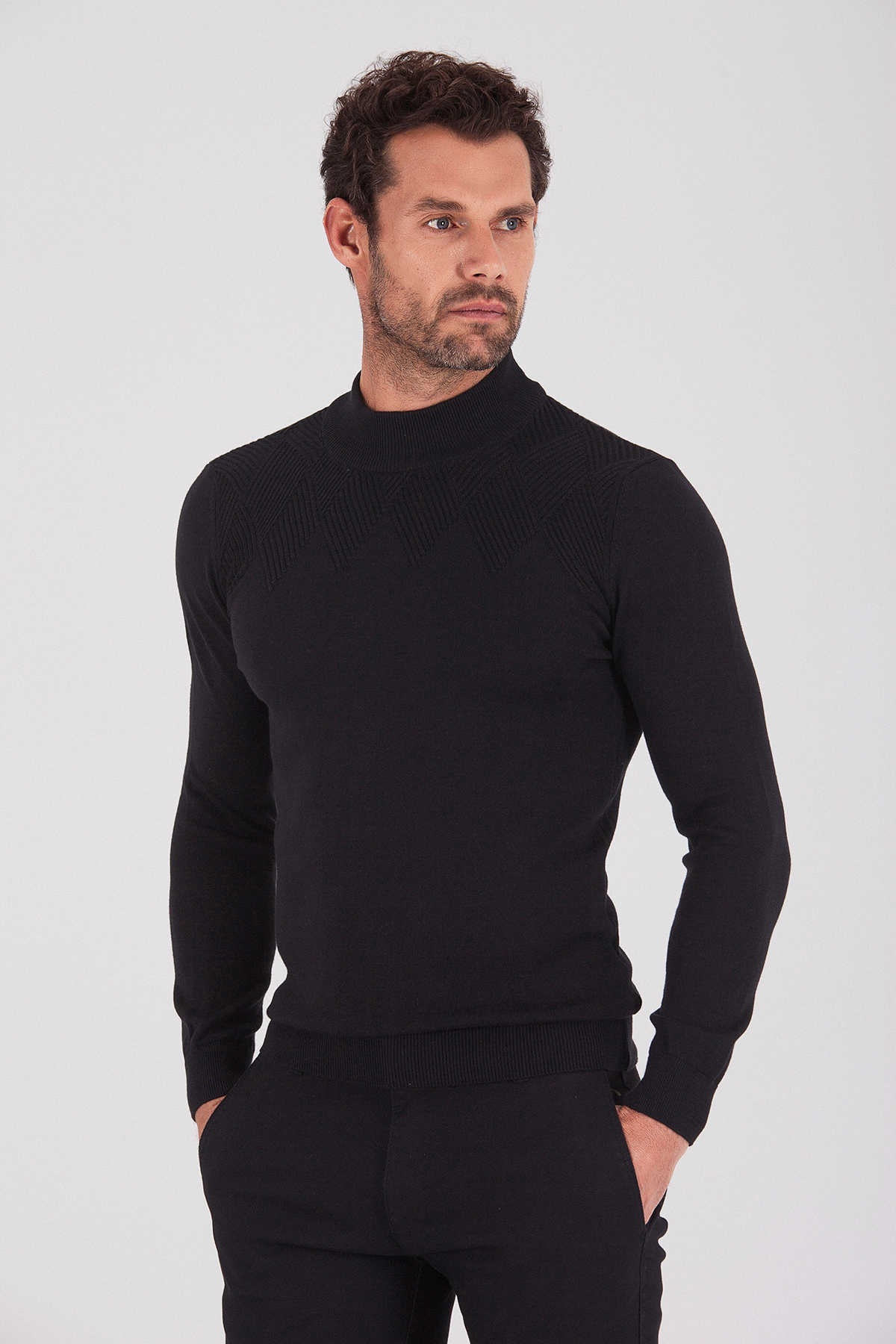 Regular Fit Plain Cotton Blend Bone Mock Neck Sweater Black