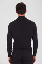 Regular Fit Plain Cotton Blend Bone Mock Neck Sweater Black