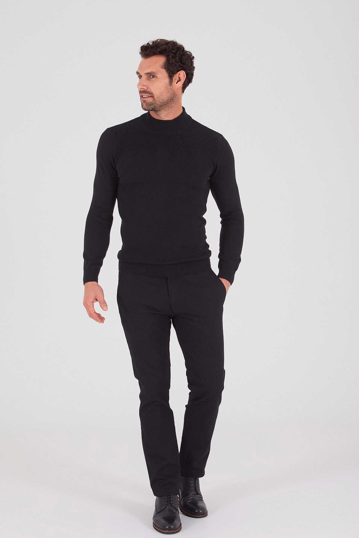 Regular Fit Plain Cotton Blend Bone Mock Neck Sweater Black