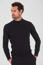 Regular Fit Plain Cotton Blend Bone Mock Neck Sweater Black