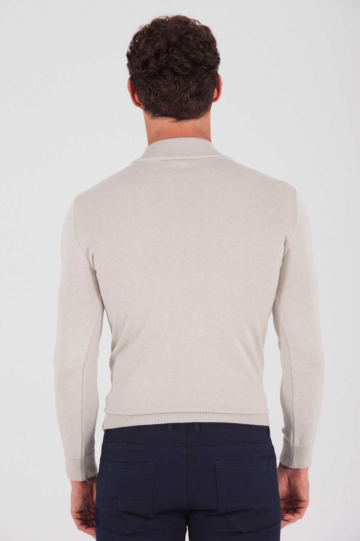 Regular Fit Plain Cotton Blend Bone Mock Neck Sweater Bone