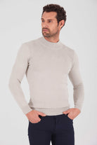 Regular Fit Plain Cotton Blend Bone Mock Neck Sweater Bone