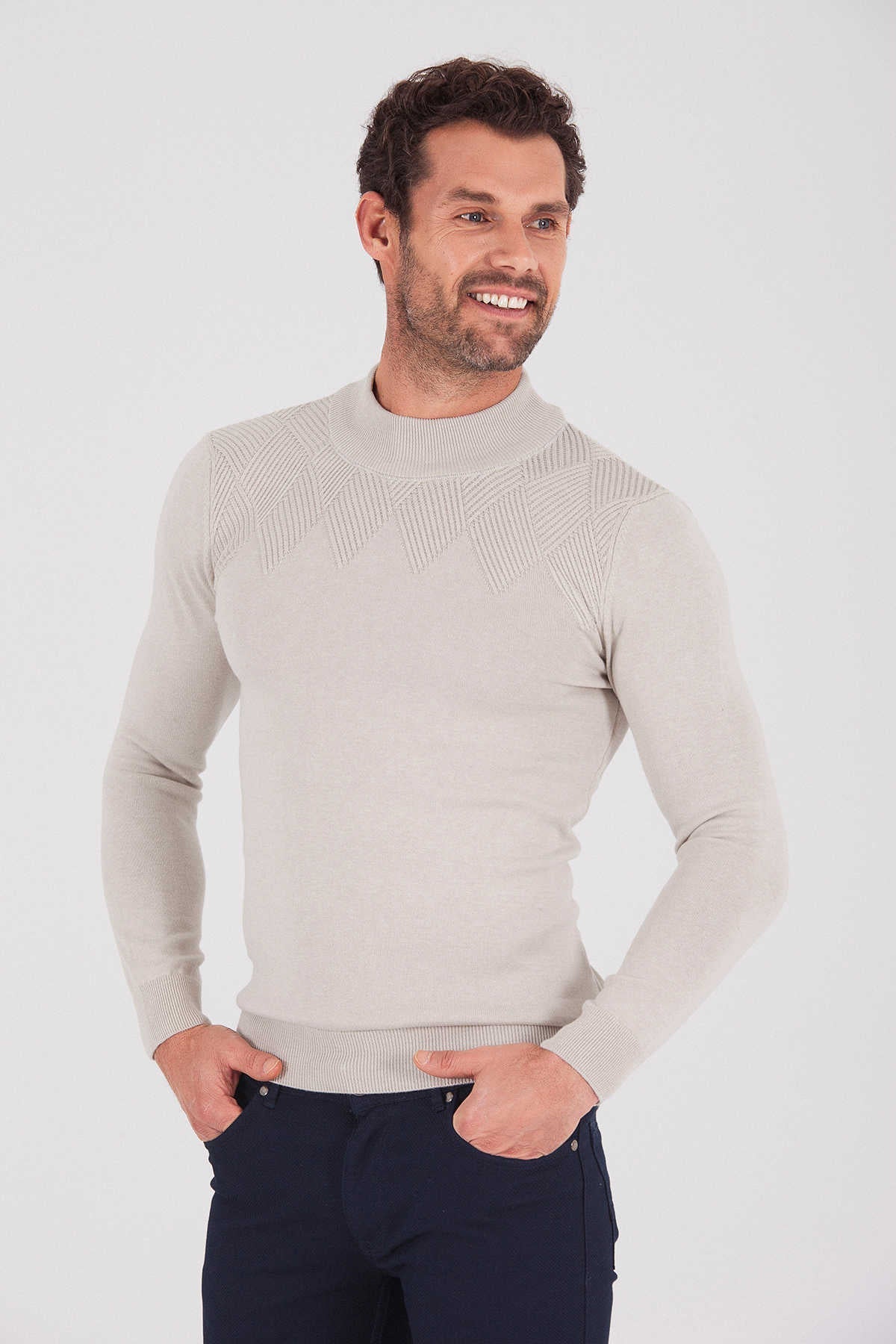 Regular Fit Plain Cotton Blend Bone Mock Neck Sweater Bone