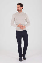 Regular Fit Plain Cotton Blend Bone Mock Neck Sweater Bone