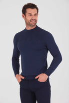 Regular Fit Plain Cotton Blend Bone Mock Neck Sweater Navy