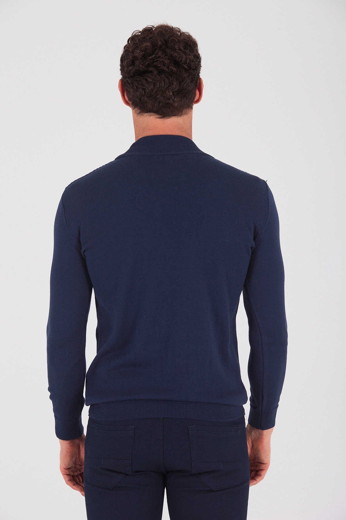 Regular Fit Plain Cotton Blend Bone Mock Neck Sweater Navy