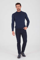 Regular Fit Plain Cotton Blend Bone Mock Neck Sweater Navy