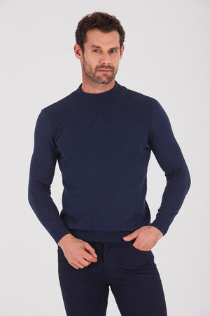 Regular Fit Plain Cotton Blend Bone Mock Neck Sweater Navy