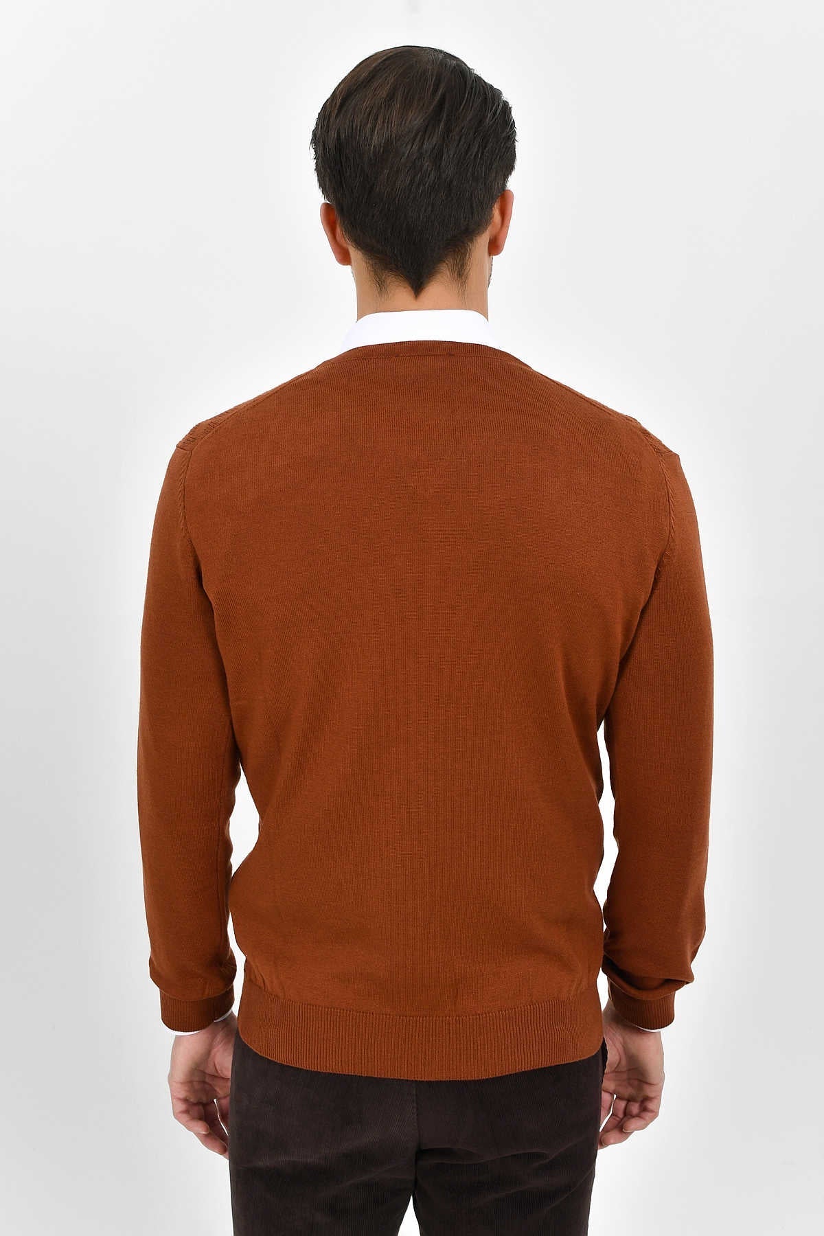 Regular Fit Plain Cotton Blend Burgundy V-Neck Sweater