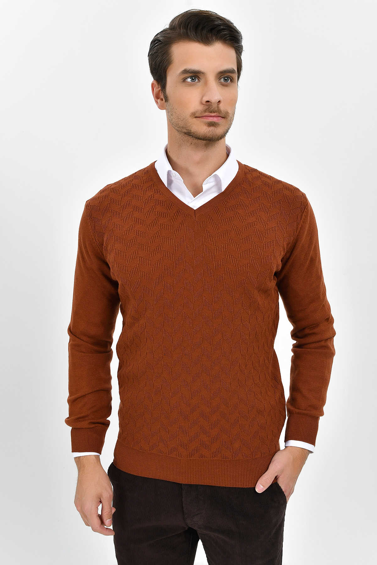 Regular Fit Plain Cotton Blend Burgundy V-Neck Sweater