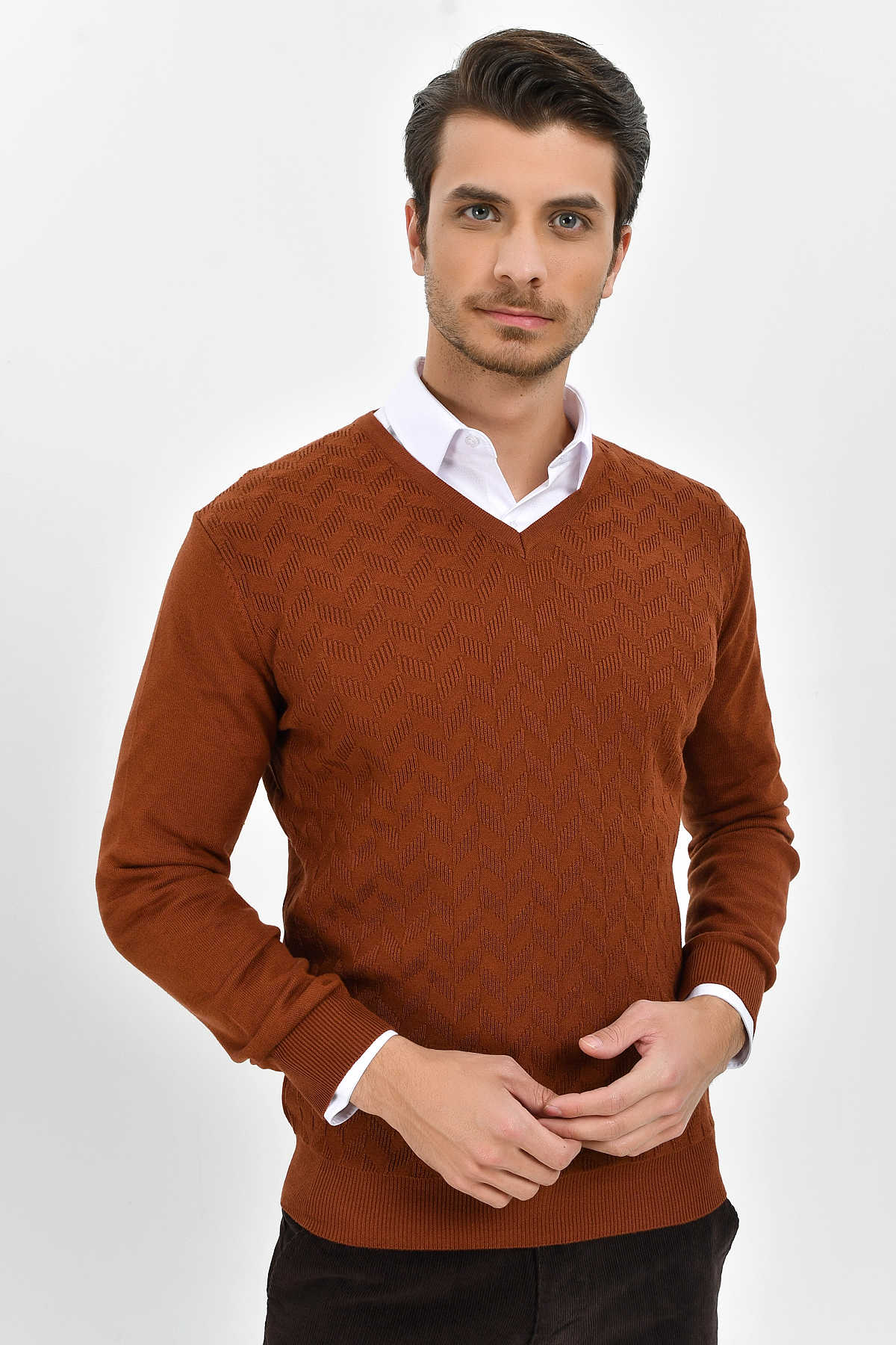 Regular Fit Plain Cotton Blend Burgundy V-Neck Sweater