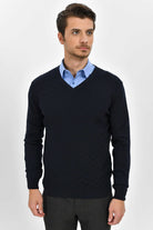 Regular Fit Plain Cotton Blend Burgundy V-Neck Sweater Navy