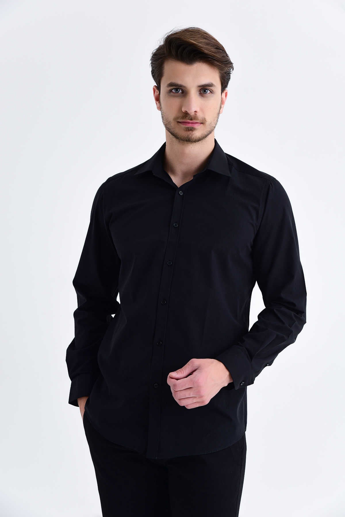 Regular Fit Plain Cotton Blend Dress Shirt Black - MIB