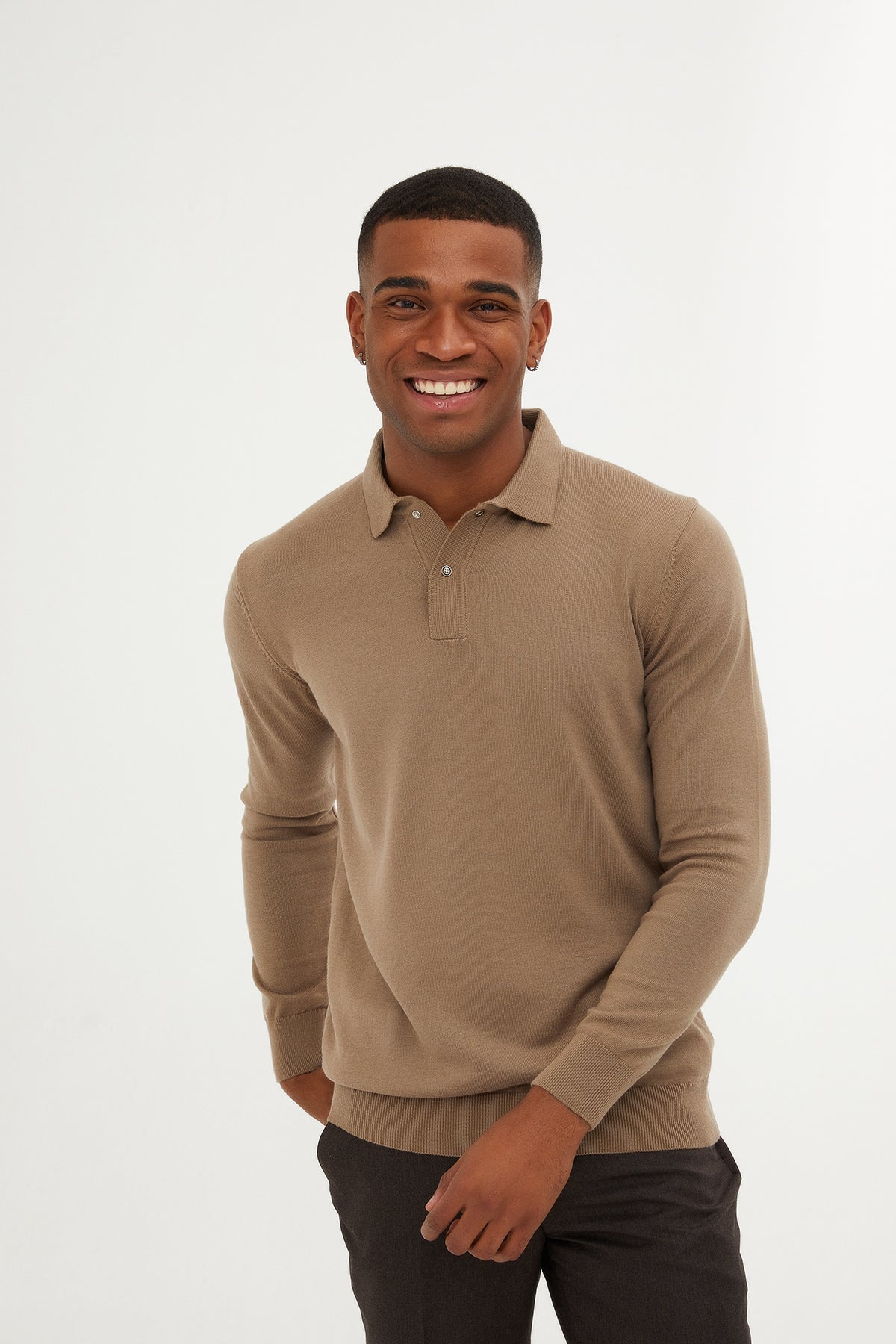 Regular Fit Plain Cotton Blend Grej Polo Sweater - SAYKI