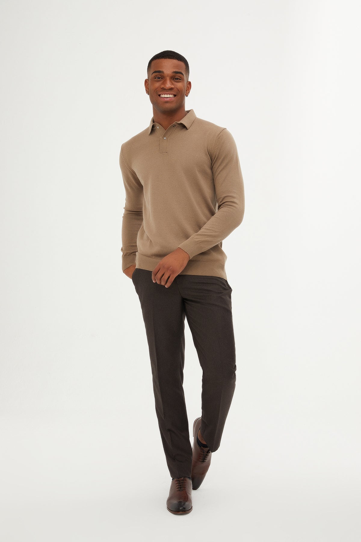 Regular Fit Plain Cotton Blend Grej Polo Sweater - SAYKI