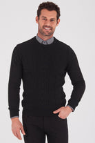 Regular Fit Plain Cotton Blend Grey Crewneck Sweater Black