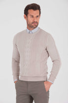 Regular Fit Plain Cotton Blend Grey Crewneck Sweater Grej