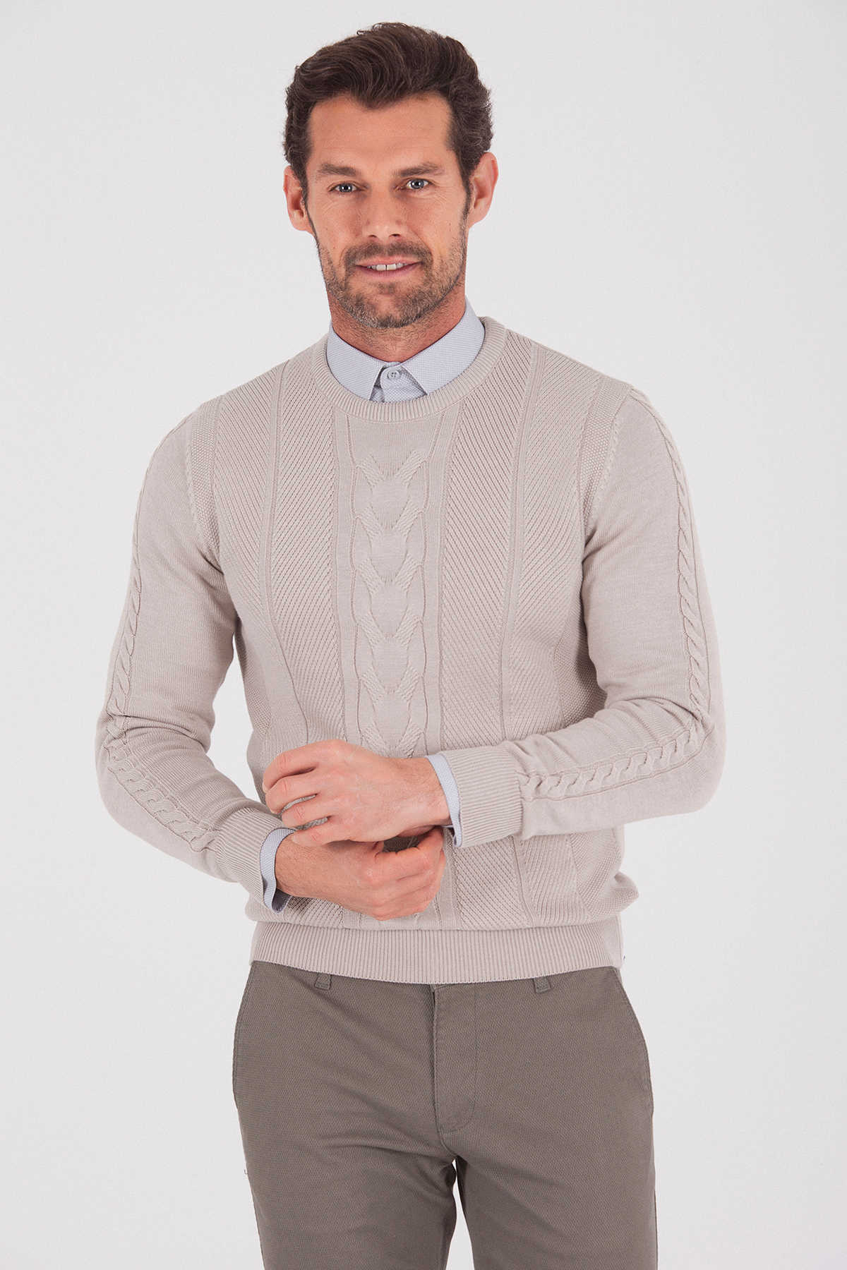 Regular Fit Plain Cotton Blend Grey Crewneck Sweater Grej