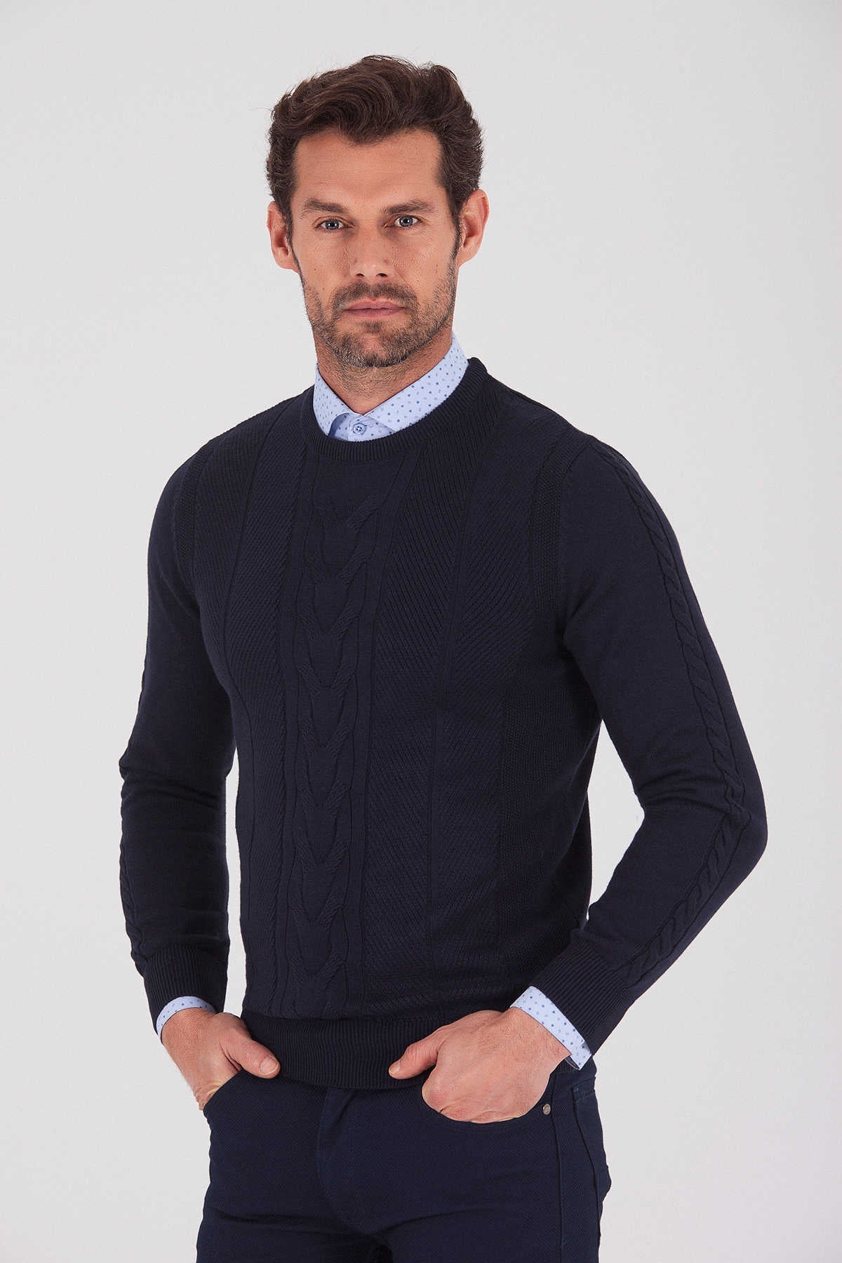 Regular Fit Plain Cotton Blend Grey Crewneck Sweater Navy