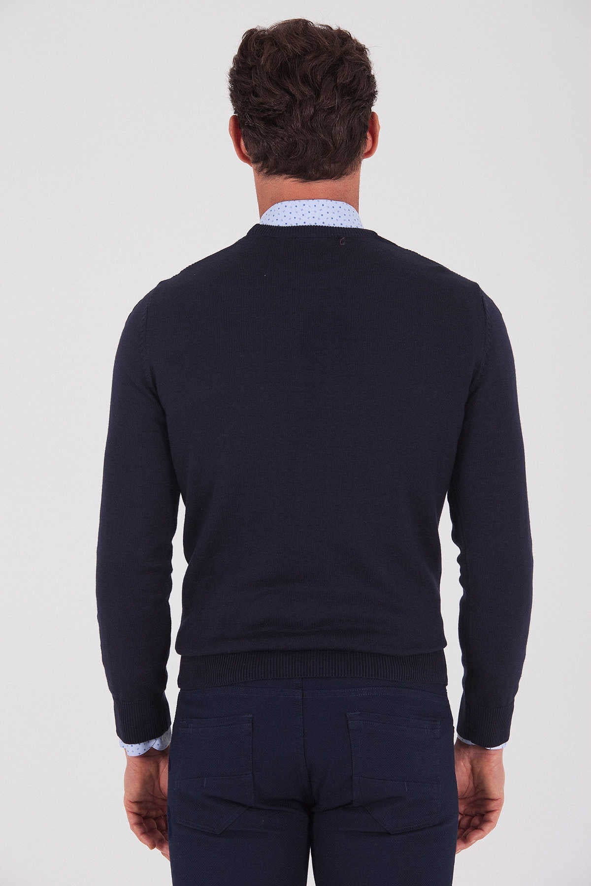 Regular Fit Plain Cotton Blend Grey Crewneck Sweater Navy