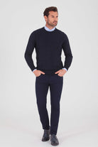 Regular Fit Plain Cotton Blend Grey Crewneck Sweater Navy