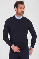 Regular Fit Plain Cotton Blend Grey Crewneck Sweater Navy