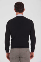 Regular Fit Plain Cotton Blend Khaki V-Neck Sweater Black