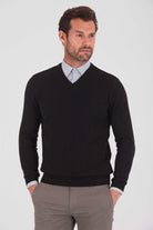 Regular Fit Plain Cotton Blend Khaki V-Neck Sweater Black