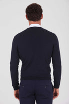 Regular Fit Plain Cotton Blend Khaki V-Neck Sweater Navy