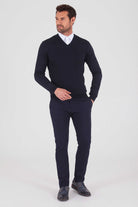 Regular Fit Plain Cotton Blend Khaki V-Neck Sweater Navy