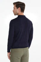 Regular Fit Plain Cotton Blend Navy Polo Sweater - SAYKI