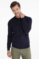 Regular Fit Plain Cotton Blend Navy Polo Sweater - SAYKI