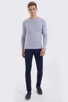 Regular Fit Plain Wool Blend Light Gray Crewneck Sweater