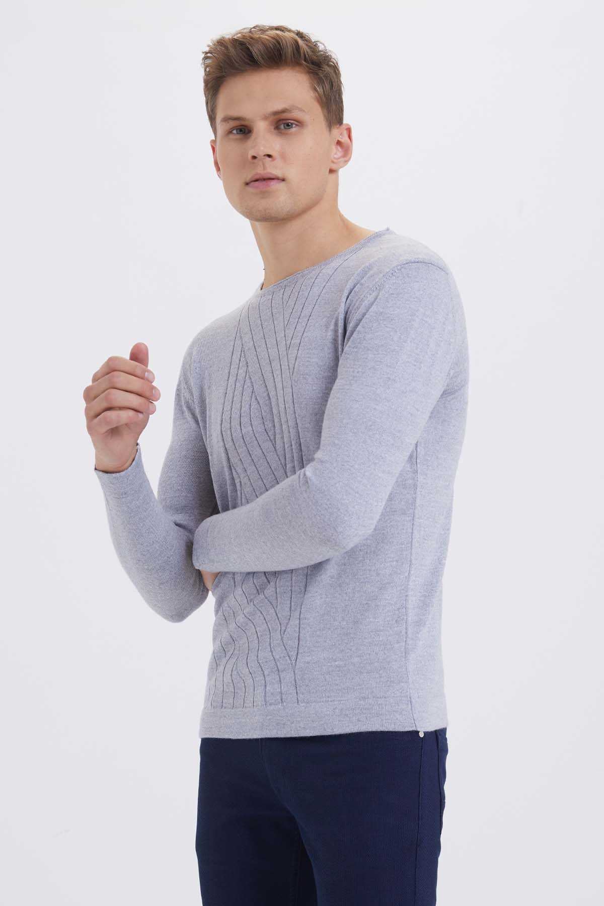 Regular Fit Plain Wool Blend Light Gray Crewneck Sweater