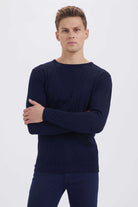 Regular Fit Plain Wool Blend Navy Crewneck Sweater Navy