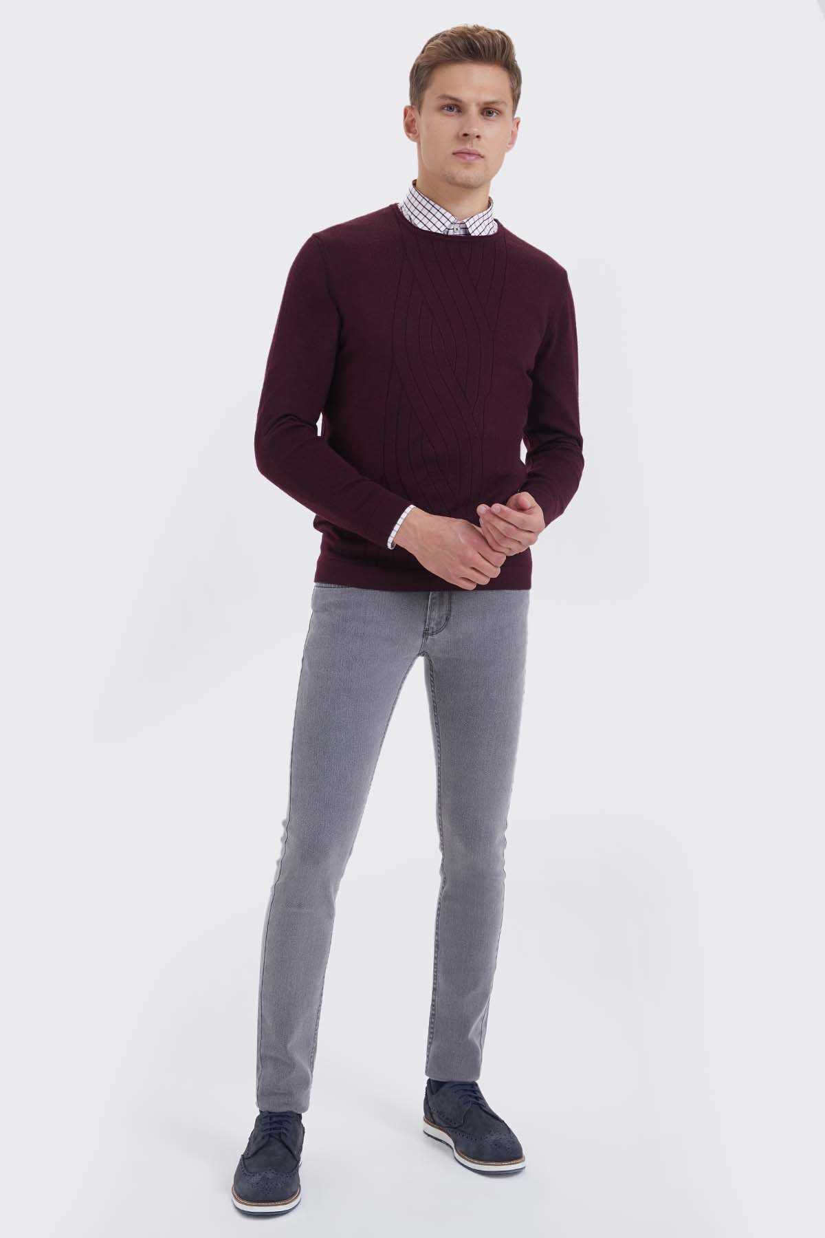 Regular Fit Plain Wool Blend Navy Crewneck Sweater Burgundy