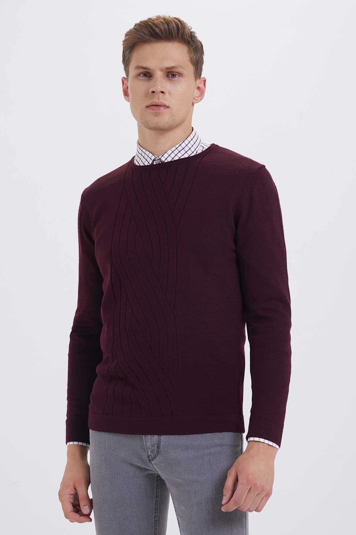 Regular Fit Plain Wool Blend Navy Crewneck Sweater Burgundy