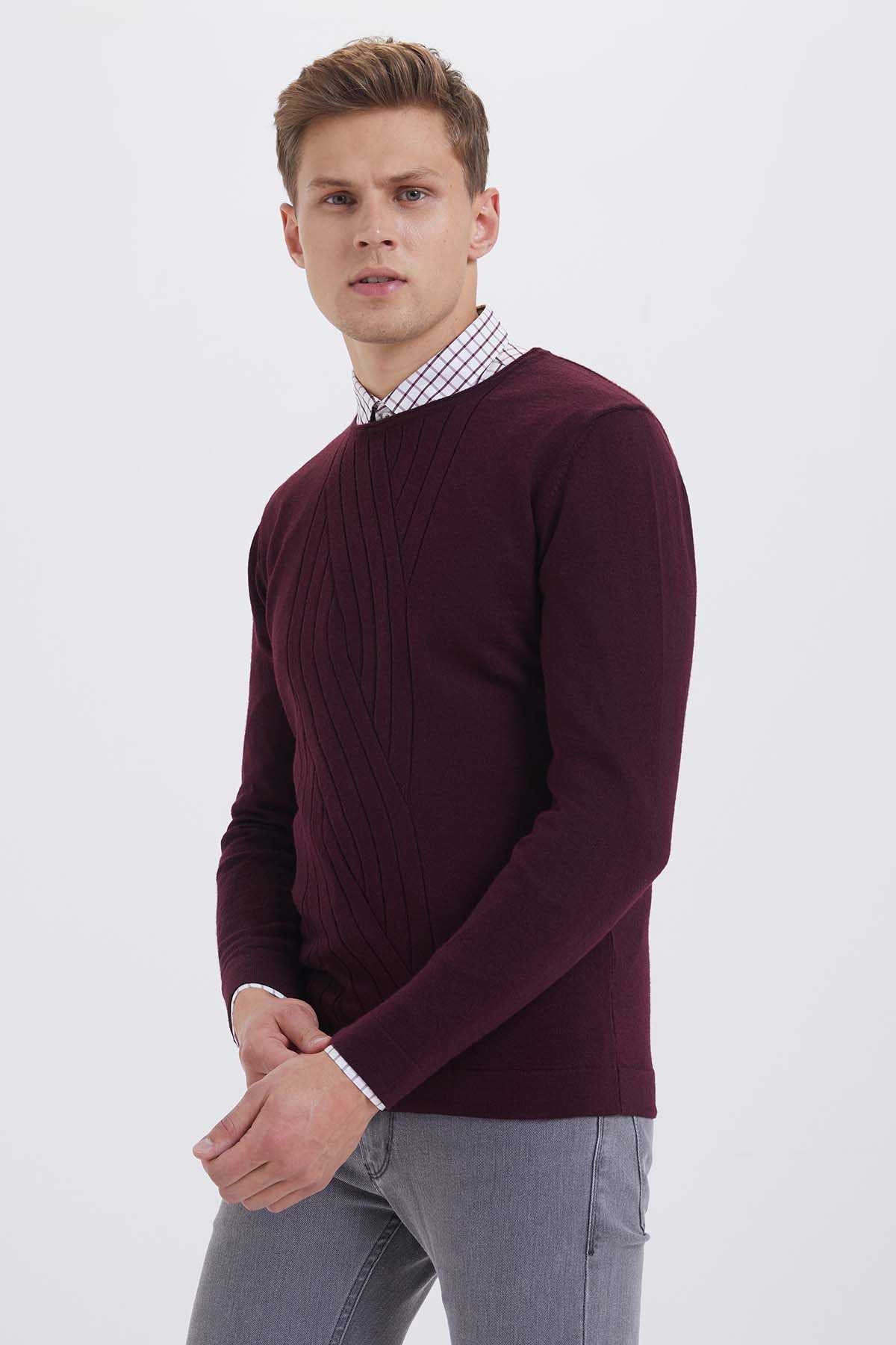 Regular Fit Plain Wool Blend Navy Crewneck Sweater Burgundy