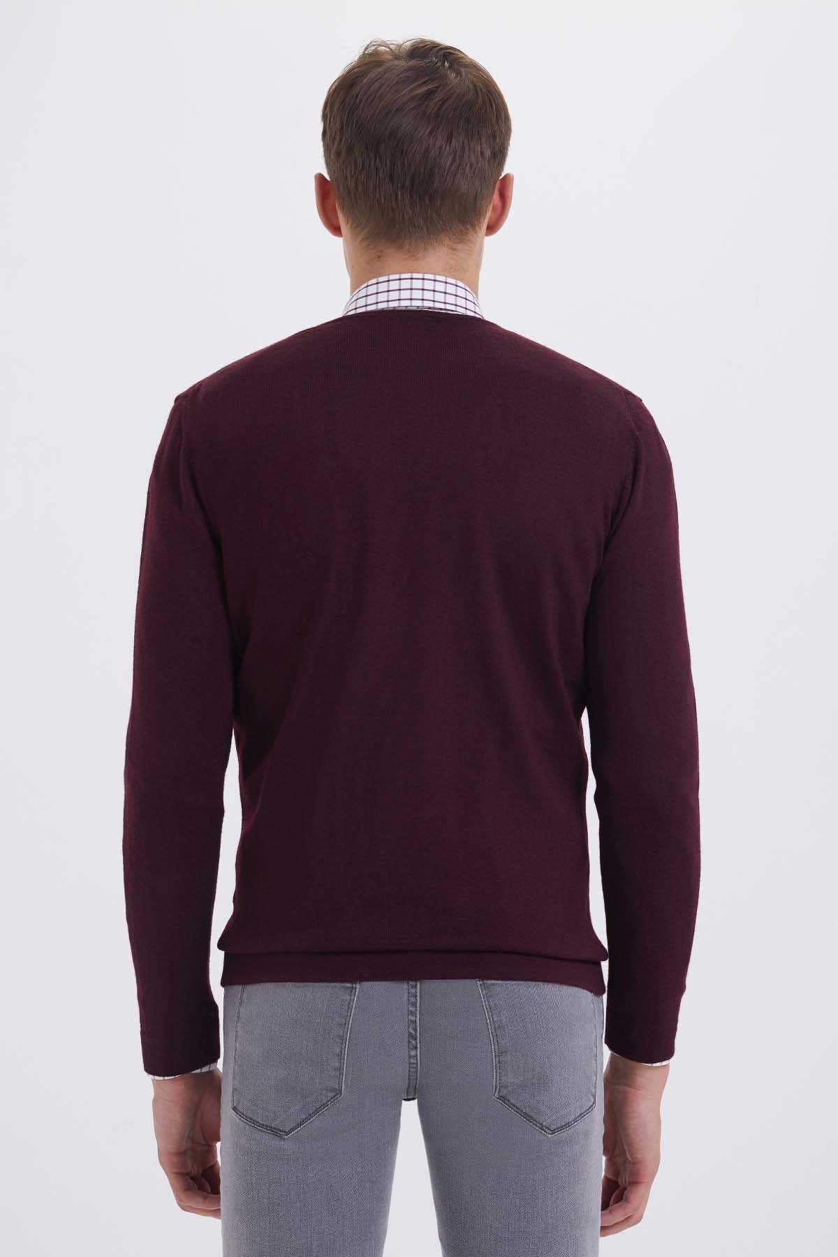 Regular Fit Plain Wool Blend Navy Crewneck Sweater Burgundy